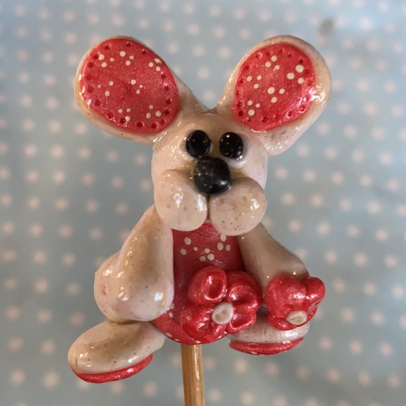 Handcrafted; Clay; Peach Bunny; Plant Stick